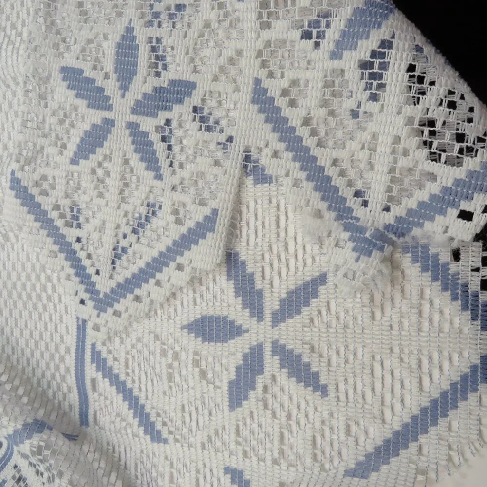 vintage white lace swag valance with a blue pattern & triangle edge
